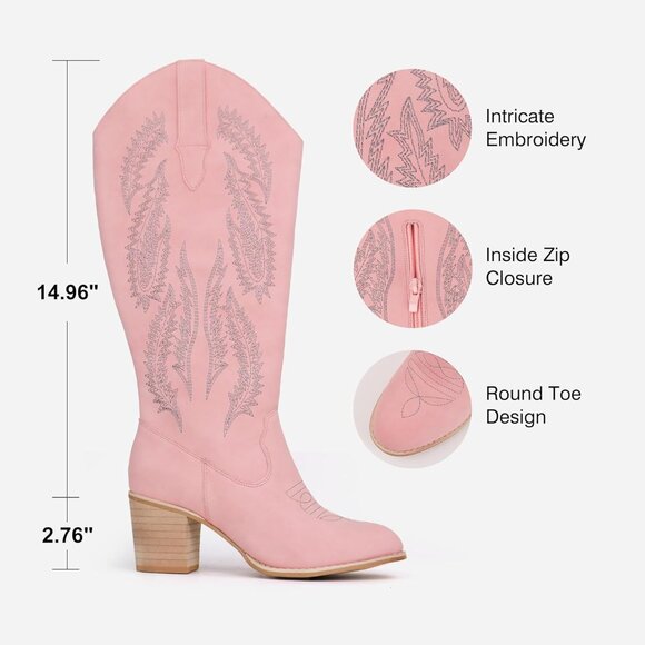 ⚡Women's Pink Retro Classic Embroidered Western Boots Cowgirl Chunky Block Heel - Picture 4 of 6